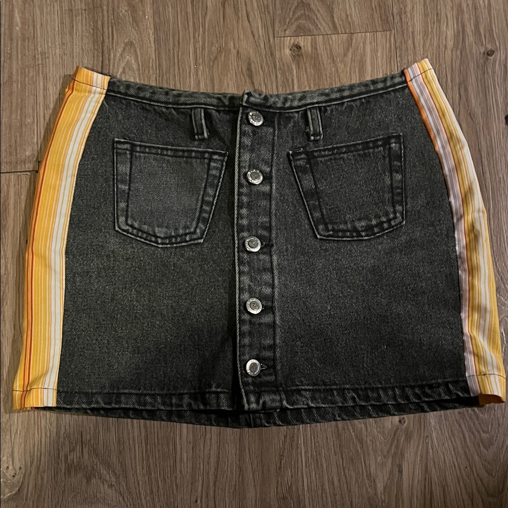 Black Denim Mini Skirt with Yellow Stripe Side Panels